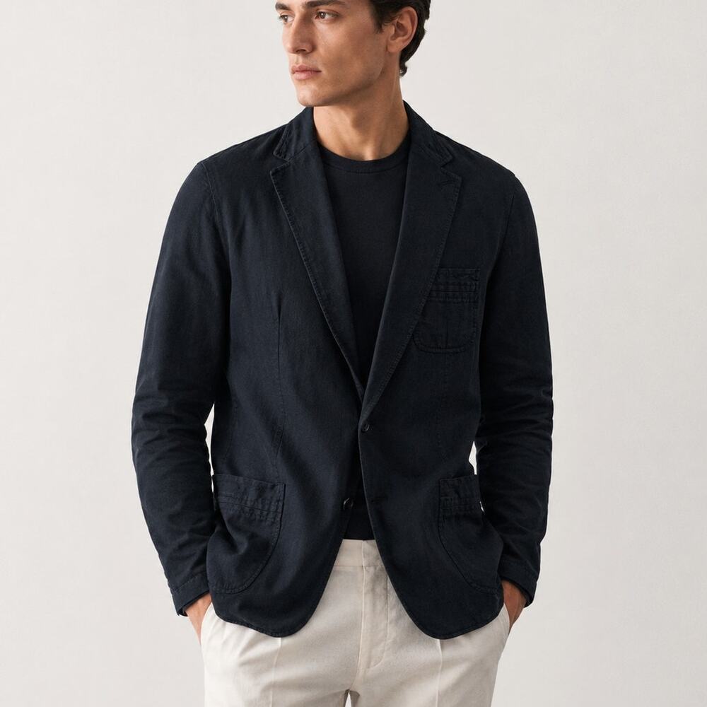 Z Zegna Men's Cotton Linen Unstructured Blazer Jacket in Black 40R